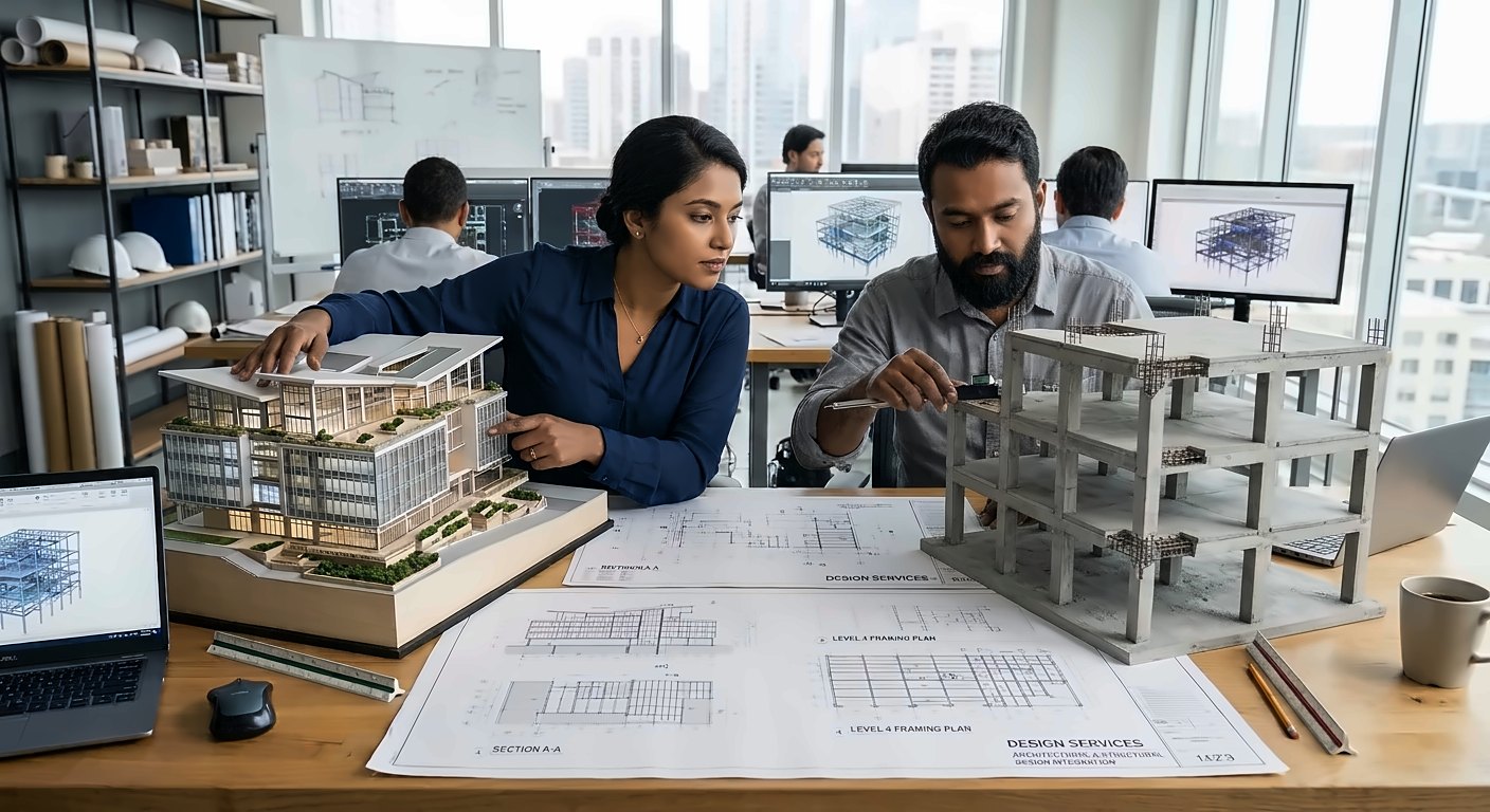 Engineers working with a building model, structural model and drawings in a design office